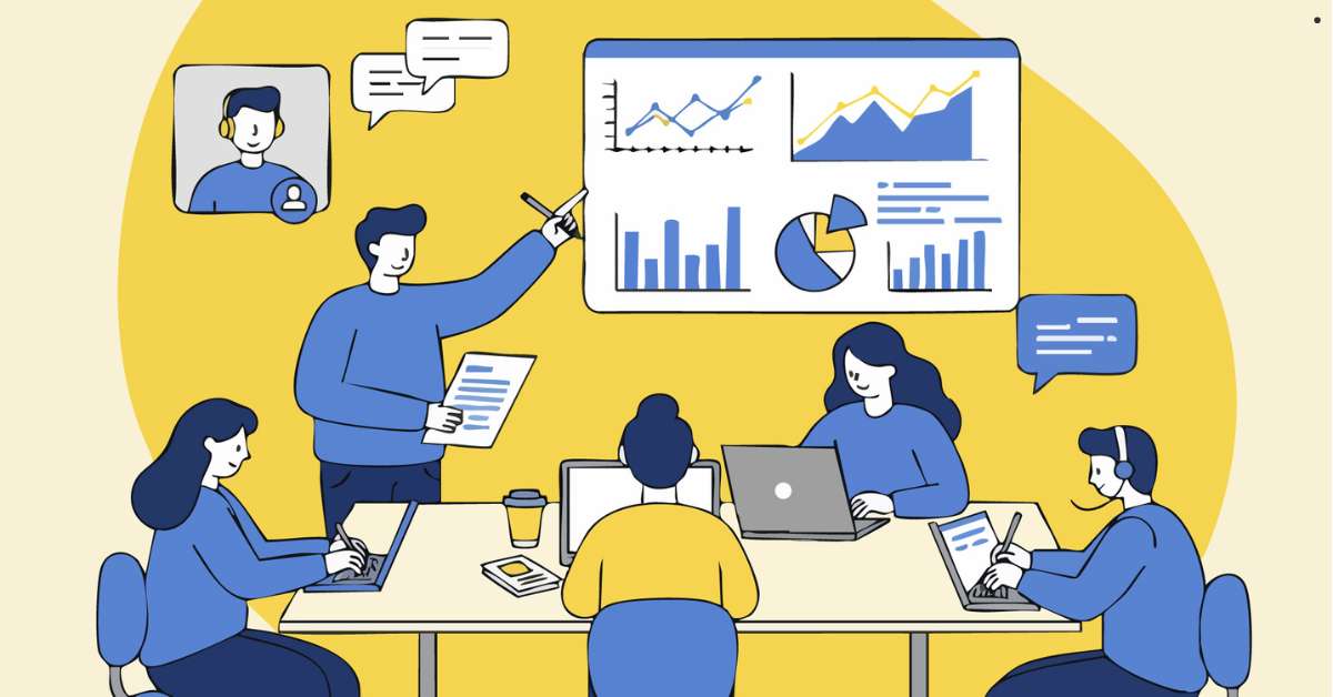 An illustration of a team of data analysts working together at a conference table, with one person presenting data on a large screen.